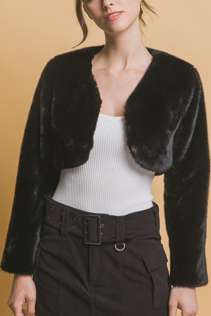 LONG SLEEVE OPEN FRONT CROPPED FAUX FUR JACKET