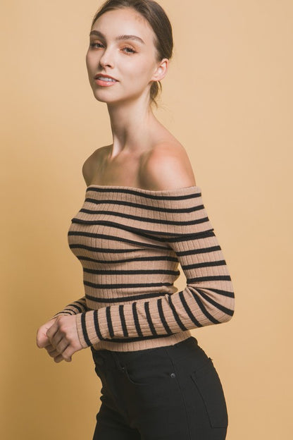 STRIPED BARDOT LONG SLEEVE KNIT SWEATER