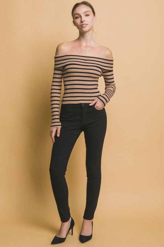 STRIPED BARDOT LONG SLEEVE KNIT SWEATER