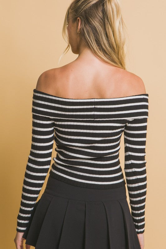 STRIPED BARDOT LONG SLEEVE KNIT SWEATER