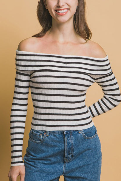 STRIPED BARDOT LONG SLEEVE KNIT SWEATER