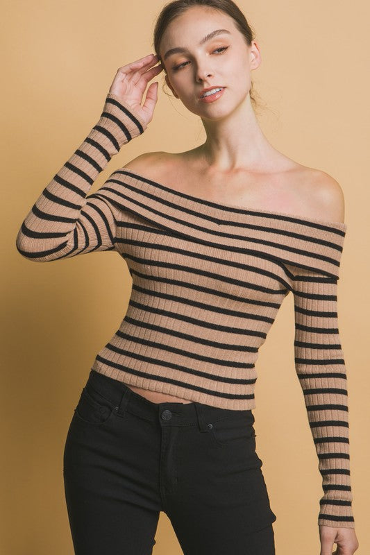 STRIPED BARDOT LONG SLEEVE KNIT SWEATER