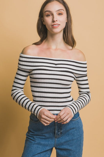 STRIPED BARDOT LONG SLEEVE KNIT SWEATER