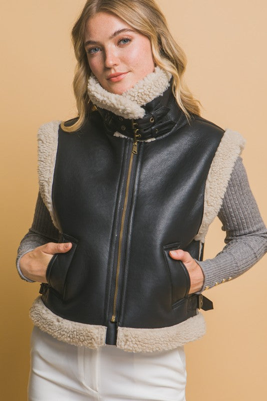 FAUX LEATHER SHEARLING VEST