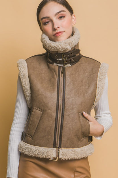 FAUX LEATHER SHEARLING VEST