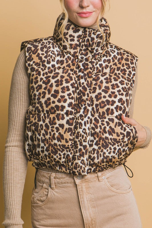 LEOPARD PRINT ZIP UP PUFFER VEST