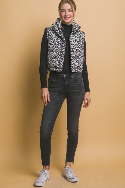 LEOPARD PRINT ZIP UP PUFFER VEST