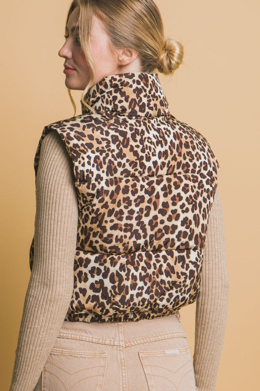 LEOPARD PRINT ZIP UP PUFFER VEST