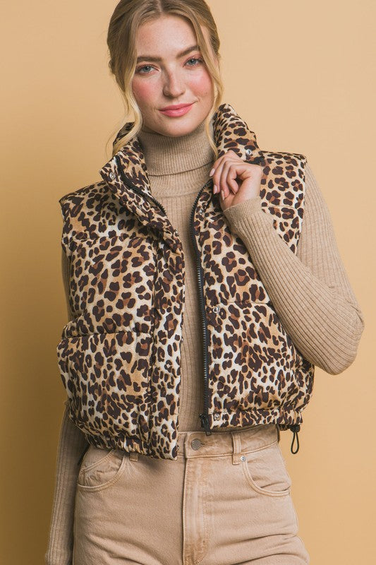 LEOPARD PRINT ZIP UP PUFFER VEST