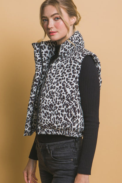 LEOPARD PRINT ZIP UP PUFFER VEST