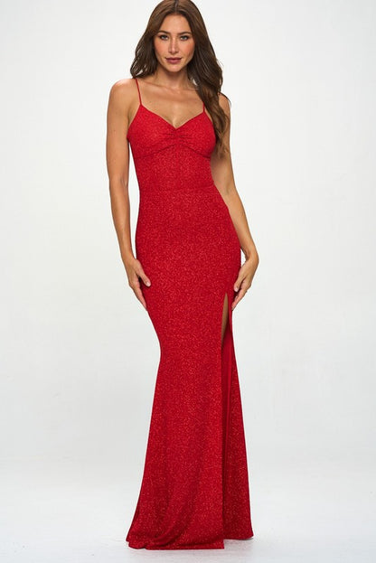 GLITTER CORSET-STYLE SLIT MERMAID MAXI DRESS