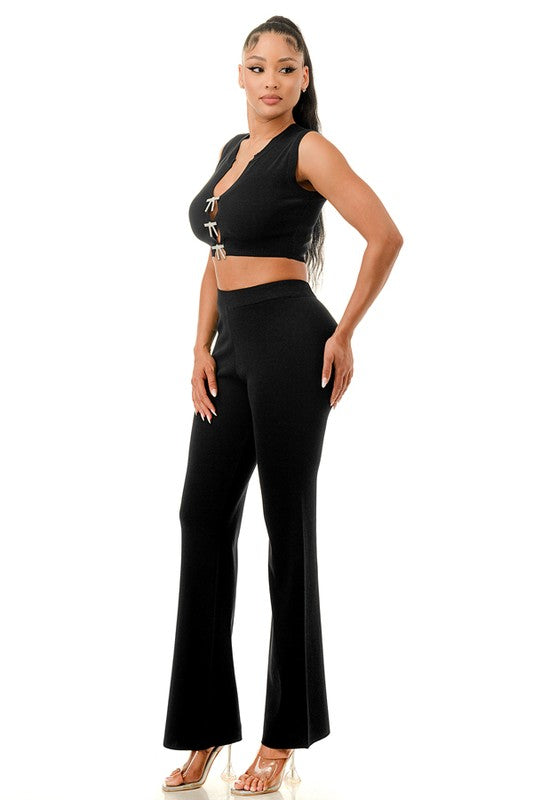 RHINESTONE BOW TRIM CUT OUT TOP AND PANTS SET