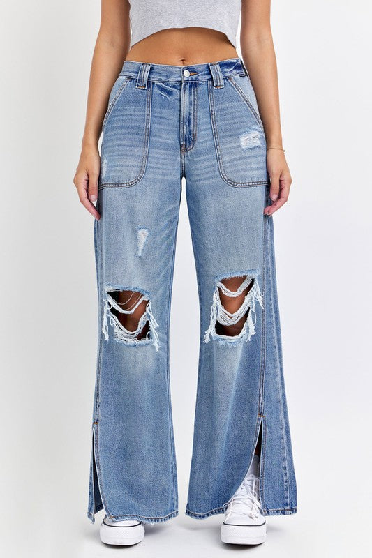 HIGH RISE CARPENTER WIDE LEG DENIM PANTS WITH FRONT SLITS