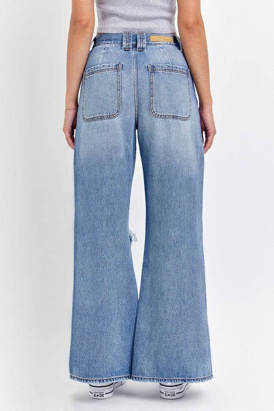 HIGH RISE CARPENTER WIDE LEG DENIM PANTS WITH FRONT SLITS