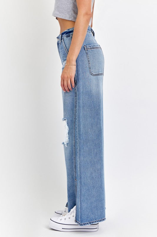 HIGH RISE CARPENTER WIDE LEG DENIM PANTS WITH FRONT SLITS