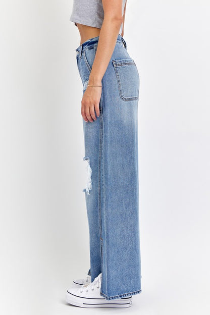 HIGH RISE CARPENTER WIDE LEG DENIM PANTS WITH FRONT SLITS