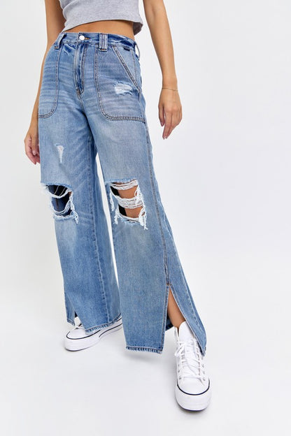 HIGH RISE CARPENTER WIDE LEG DENIM PANTS WITH FRONT SLITS