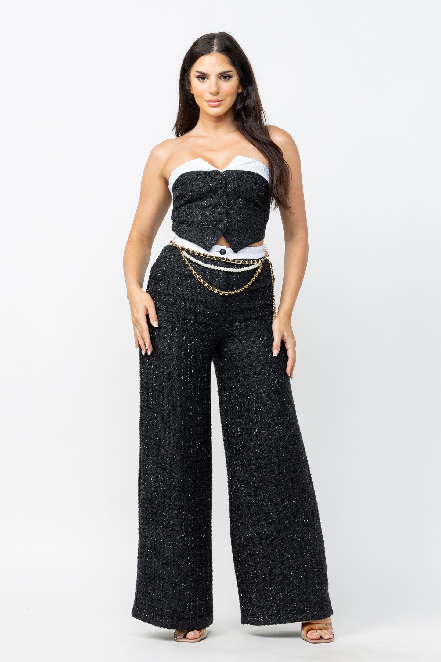 TWEED CONTRAST DETAIL TUBE TOP & PANTS SET