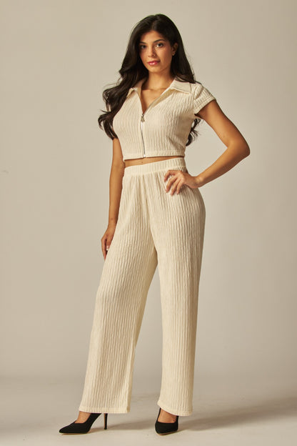 Crinkled Plisse Zip Up Loungewear Set