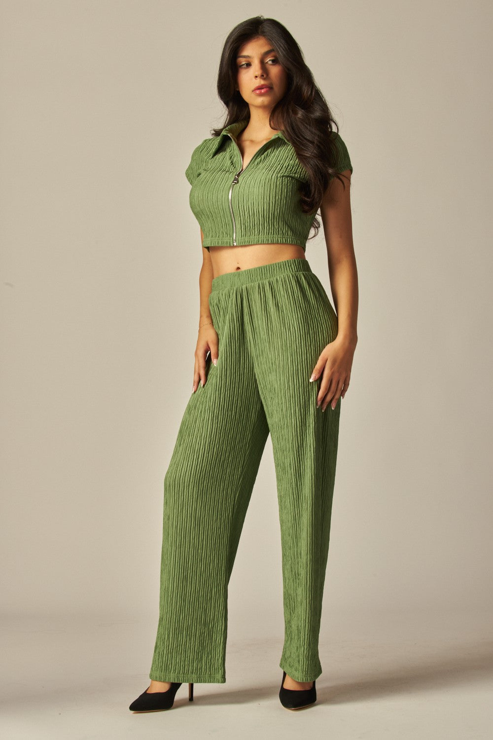 Crinkled Plisse Zip Up Loungewear Set
