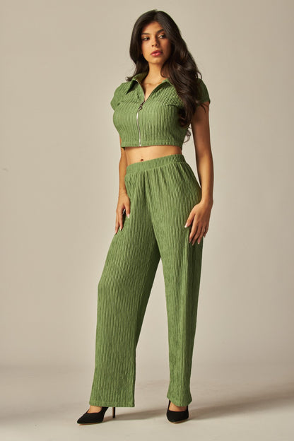 Crinkled Plisse Zip Up Loungewear Set