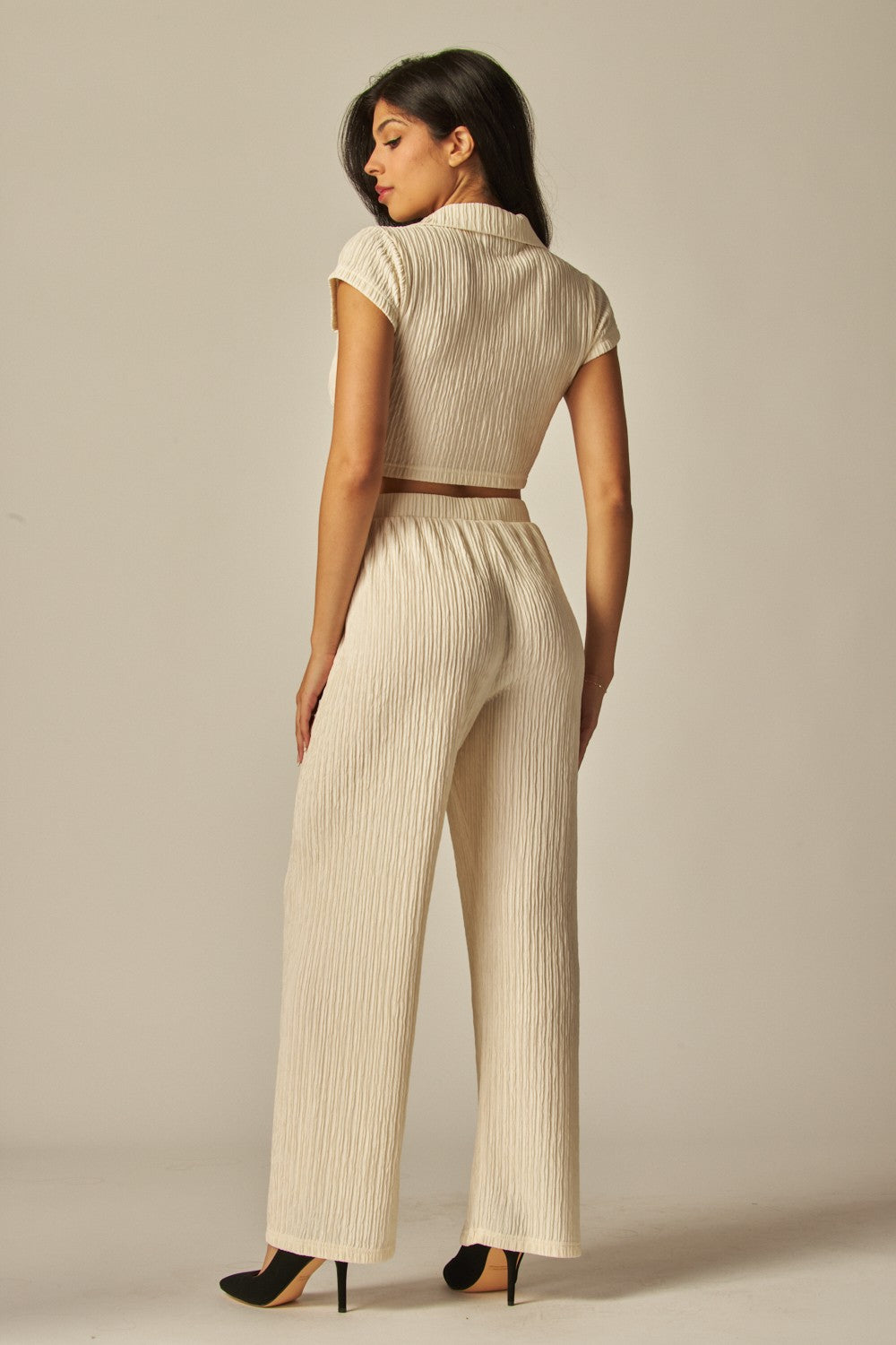 Crinkled Plisse Zip Up Loungewear Set