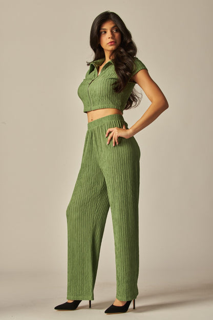Crinkled Plisse Zip Up Loungewear Set
