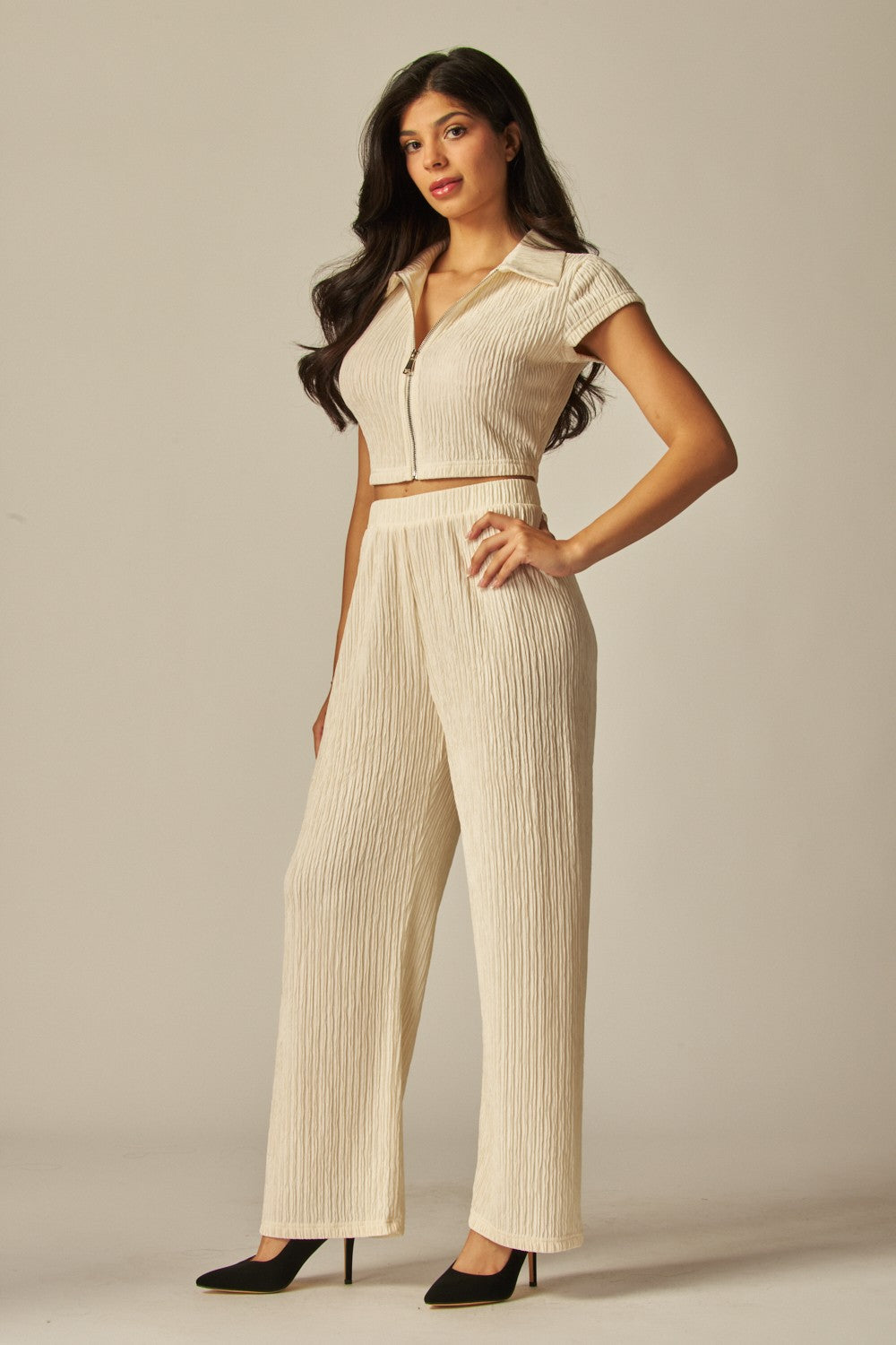 Crinkled Plisse Zip Up Loungewear Set