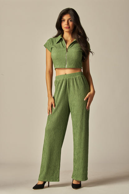 Crinkled Plisse Zip Up Loungewear Set