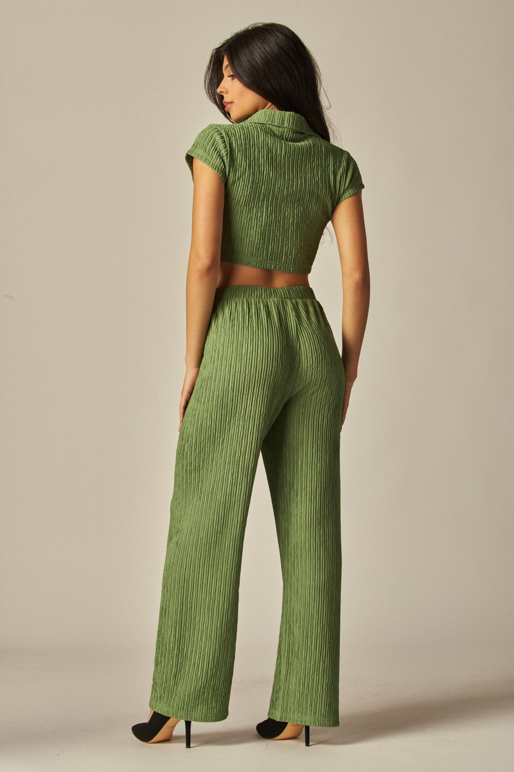 Crinkled Plisse Zip Up Loungewear Set