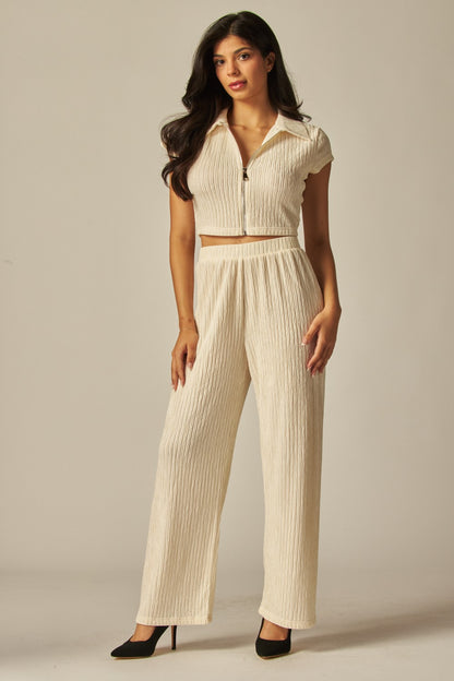 Crinkled Plisse Zip Up Loungewear Set