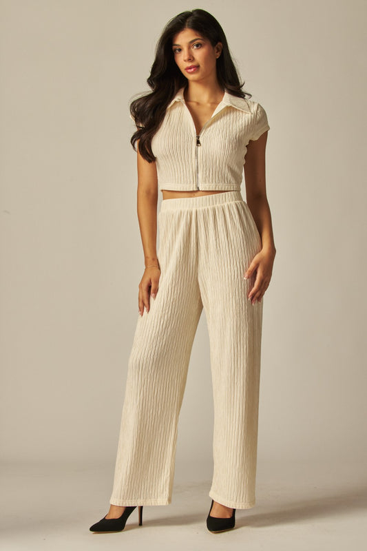 Crinkled Plisse Zip Up Loungewear Set