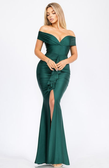 SATIN RUFFLE ELEGANT MAXI DRESS