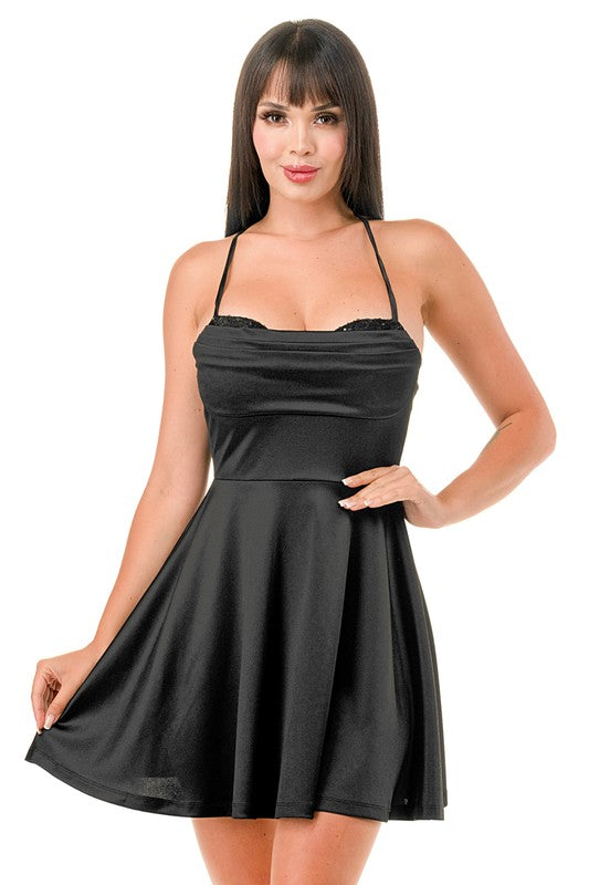 SOLID SATIN SEQUIN FIT AND FLARE MINI DRESS