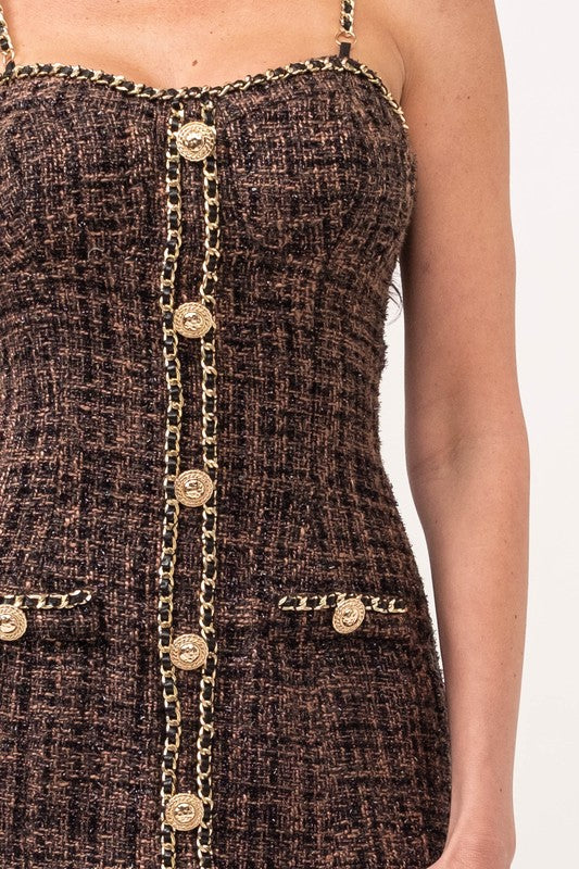 TWEED METAL HEM/STRAP BUTTON DETAIL MINI DRESS