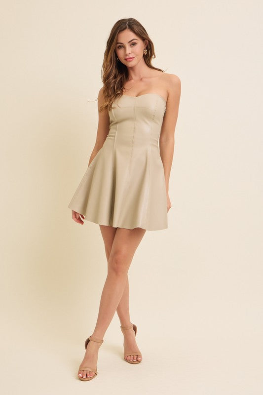 STRAPLESS FAUX LEATHER A-LINE FLARED MINI DRESS Bella Chica STRAPLESS FAUX LEATHER A-LINE FLARED MINI DRESS Bella Chica