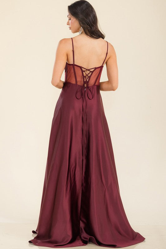 SLEEVELESS CORSET SLIT SIDE SATIN MAXI DRESS