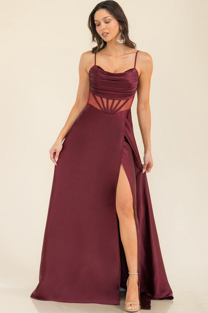 SLEEVELESS CORSET SLIT SIDE SATIN MAXI DRESS