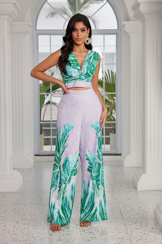 PRINTED MATCHING CROP TOP PANTS SET