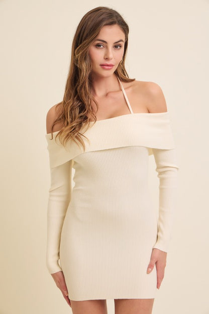 OFF SHOULDER HALTER STRAP SWEATER MINI DRESS