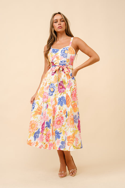 SWEETHEART NECKLINE FLORAL PRINTT MIDI DRESS