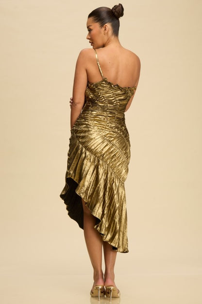 RUCHED METALLIC ASYMMETRICAL HEM PARTY DRESS