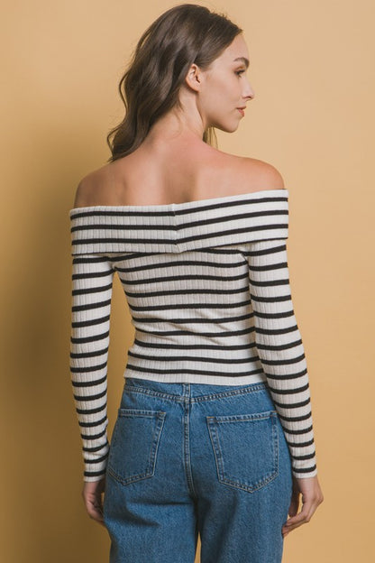 STRIPED BARDOT LONG SLEEVE KNIT SWEATER