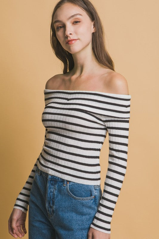 STRIPED BARDOT LONG SLEEVE KNIT SWEATER