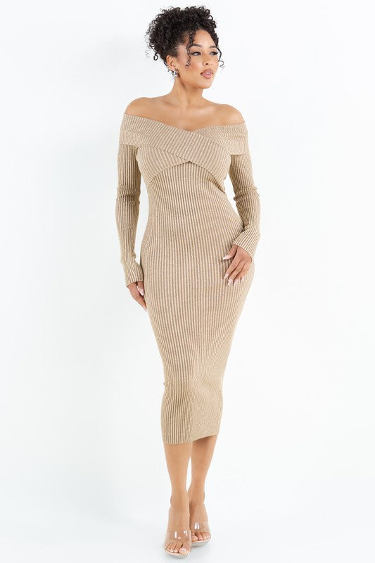 LUREX OFF SHOULDER MIDI DRESS