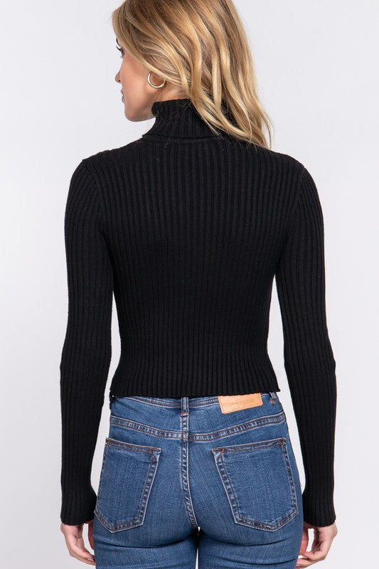 LONG SLV TURTLE NECK FITTED CROP RIB SWEATER