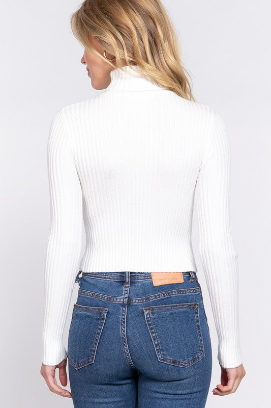 LONG SLV TURTLE NECK FITTED CROP RIB SWEATER