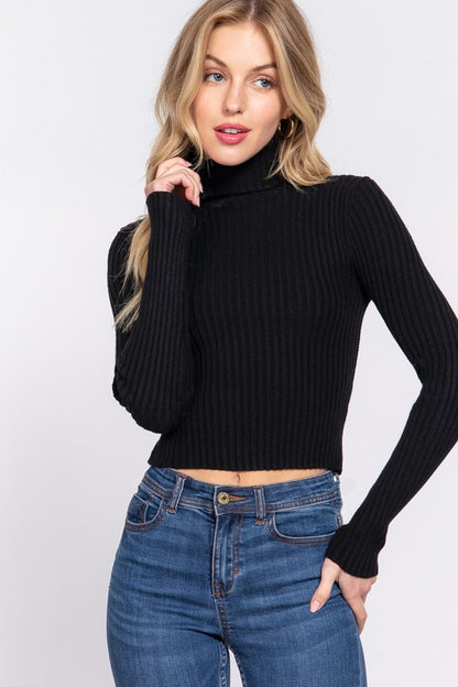 LONG SLV TURTLE NECK FITTED CROP RIB SWEATER