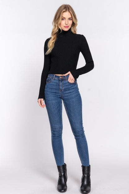 LONG SLV TURTLE NECK FITTED CROP RIB SWEATER