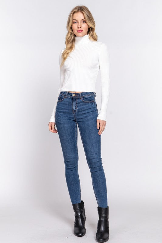 LONG SLV TURTLE NECK FITTED CROP RIB SWEATER